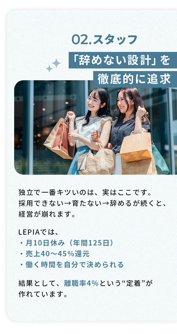 2.スタッフ。辞めない設計を徹底的に追求